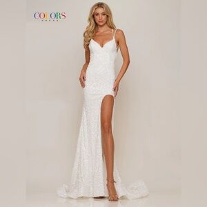 Colors White Sequin Backless Slit Formal Gown | Size 2 | NWT